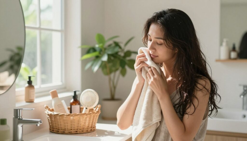 A serene bathroom scene with soft natural light streaming through a window. In the foreground, a woman with long, flowing hair is gently wrapping her damp hair in a soft, absorbent towel, demonstrating a method for quick drying. Her expression is relaxed and focused, dressed in a modest casual outfit. In the middle, a wicker basket filled with hair products and a small hand fan is placed on the counter, hinting at various drying techniques. The background features lush green plants and clean, minimalist decor, enhancing the tranquil atmosphere. The warmth of the sunlight creates a cozy ambiance, inviting viewers to explore effective solutions for naturally drying hair. The overall mood is calming and professional, reflecting practical beauty tips. A serene bathroom scene with soft natural light streaming through a window. In the foreground, a woman with long, flowing hair is gently wrapping her damp hair in a soft, absorbent towel, demonstrating a method for quick drying. Her expression is relaxed and focused, dressed in a modest casual outfit. In the middle, a wicker basket filled with hair products and a small hand fan is placed on the counter, hinting at various drying techniques. The background features lush green plants and clean, minimalist decor, enhancing the tranquil atmosphere. The warmth of the sunlight creates a cozy ambiance, inviting viewers to explore effective solutions for naturally drying hair. The overall mood is calming and professional, reflecting practical beauty tips.