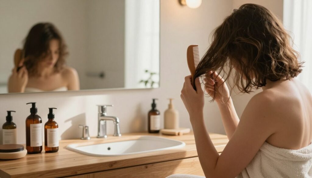 A serene bathroom setting bathed in soft, natural light, showcasing a person with medium-length hair, wrapped in a cozy towel, preparing their hair after washing. In the foreground, the individual is gently using a wide-tooth comb, focusing on their hair, displaying a sense of calm and care. The middle layer features a wooden countertop adorned with various hair care products, such as a leave-in conditioner and serum, adding a touch of elegance. In the background, a large mirror reflects the soft glow of sunlight, enhancing the tranquil atmosphere. The color palette is warm, featuring earthy tones that create a relaxing ambiance, emphasizing the theme of natural hair drying techniques. The overall mood is peaceful and nurturing, promoting self-care and hair health. A serene bathroom setting bathed in soft, natural light, showcasing a person with medium-length hair, wrapped in a cozy towel, preparing their hair after washing. In the foreground, the individual is gently using a wide-tooth comb, focusing on their hair, displaying a sense of calm and care. The middle layer features a wooden countertop adorned with various hair care products, such as a leave-in conditioner and serum, adding a touch of elegance. In the background, a large mirror reflects the soft glow of sunlight, enhancing the tranquil atmosphere. The color palette is warm, featuring earthy tones that create a relaxing ambiance, emphasizing the theme of natural hair drying techniques. The overall mood is peaceful and nurturing, promoting self-care and hair health.