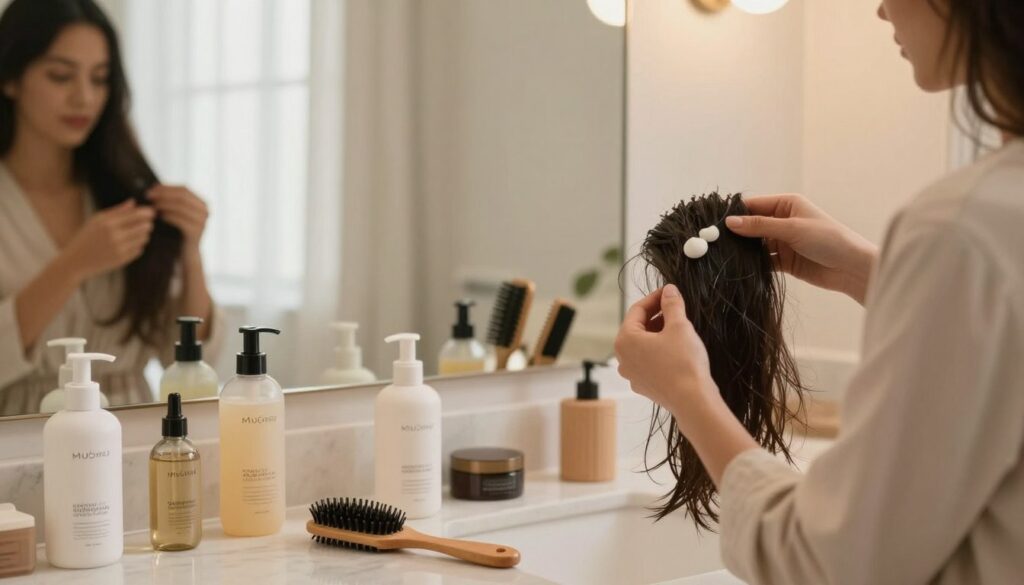 A serene bathroom setting illuminated by soft, warm lighting that highlights a variety of hair care products arranged elegantly on a marble countertop. In the foreground, a well-groomed person, dressed in a stylish, modest outfit, gently applying a nourishing hair serum onto their damp hair, showcasing a focus on hair protection. The middle ground features a mirror reflecting the person's careful technique, with an array of brushes and combs nearby, symbolizing daily hair care routines. In the background, a window with flowing curtains lets in natural light, enhancing the tranquil ambiance. The overall mood is calming and nurturing, emphasizing healthy habits that protect hair from breakage, with a soft focus to enhance the warmth of the scene.