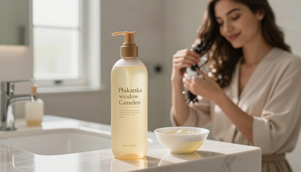 A serene bathroom setting showcasing "Płukanka włosów Cameleo" prominently displayed on a sleek vanity. In the foreground, a gleaming bottle of the hair rinse is elegantly positioned beside a stylish small bowl filled with the solution. The middle ground features a soft-focus view of a woman in professional casual attire, gently applying the rinse to her hair, with a look of satisfaction and care. The background reveals a tranquil bathroom ambiance, with natural light filtering through frosted windows, casting a warm glow. The overall mood is calm and inviting, emphasizing the self-care aspect of using the hair rinse. The composition is balanced, with a focus on both the product and the application process, capturing a moment of beauty and relaxation.