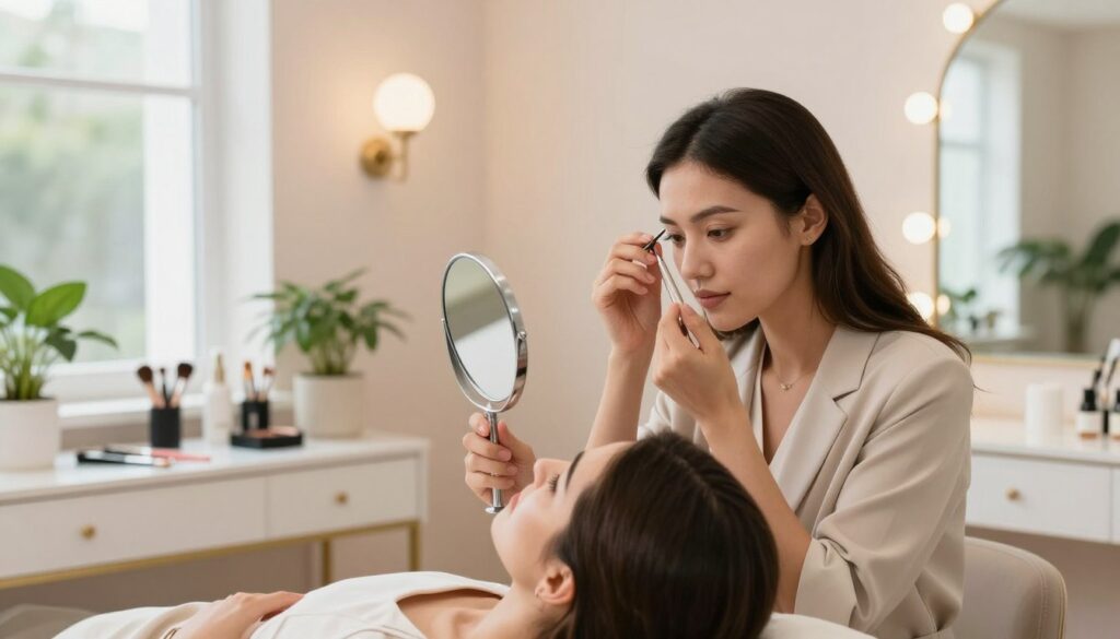 A serene beauty consultation scene focused on a permanent eyebrow makeup service. In the foreground, a professional makeup artist, dressed in modest business attire, gently examines a client's eyebrows with a handheld mirror, highlighting their expertise. The middle ground features a well-lit consultation room with soft, natural lighting, showcasing elegant decor such as a chic vanity table, professional makeup tools, and aesthetic elements like potted plants. In the background, a calming atmosphere is created with pastel-colored walls and a large window allowing natural light to flood the space. The overall mood is inviting and professional, conveying a sense of trust and personal care in the preparation for the cosmetic procedure.