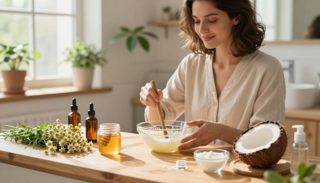 A serene, well-lit bathroom setting featuring a stylish woman with medium-length hair, applying a homemade hair treatment. The foreground shows an array of natural ingredients like chamomile flowers, honey, and coconut oil neatly arranged on a wooden countertop. The middle background highlights the woman mixing these ingredients in a glass bowl, with soft sunlight streaming through a window, illuminating her relaxed expression. Fresh plants in pots can be seen in the background, adding a touch of greenery and tranquility. The overall atmosphere is calming and inviting, evoking a sense of rejuvenation and self-care. Capture the image in a slightly angled view, enhancing depth and warmth with soft, natural lighting.