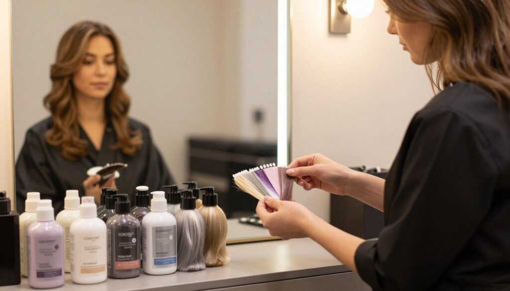 A serene, well-lit hair salon interior with a professional stylist selecting hair color pigments for a client. In the foreground, vibrant shades of cool-toned hair dyes, such as ash blonde, silver, and lavender, are arranged on a sleek counter. The stylist, dressed in a stylish black smock, carefully holds a swatch of hair next to various pigments to assess their matching tones. In the middle ground, a large mirror reflects the client with medium-length hair and a neutral expression, showcasing their warm-toned hair color. The background features soft, warm lighting that creates a cozy atmosphere, highlighting the beauty of the pigments and reflecting the theme of transforming warm hair colors into cooler shades.
