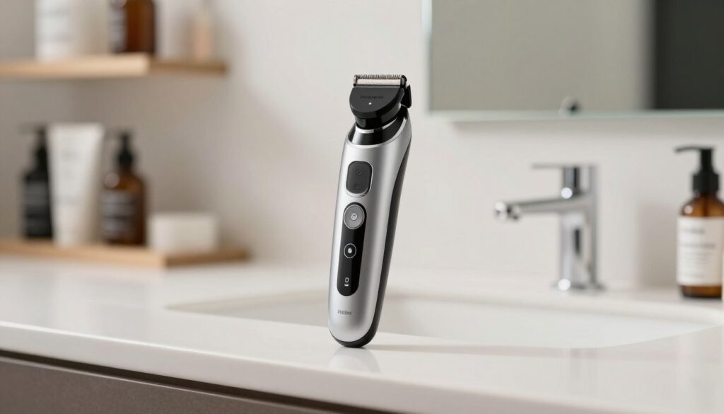 A sleek and modern Philips OneBlade Intimate electric trimmer, prominently displayed in a well-lit bathroom setting. The trimmer is positioned on a clean, white countertop, showcasing its ergonomic design and versatile features. Soft lighting highlights the silver and black accents of the device, creating an inviting atmosphere. In the background, blurred shelves filled with grooming products add depth to the scene without distracting from the main subject. The mood is fresh and professional, emphasizing safety and comfort for personal grooming. A subtle reflection in the mirror can be seen, enhancing the overall composition while maintaining a focus on the product. A sleek and modern Philips OneBlade Intimate electric trimmer, prominently displayed in a well-lit bathroom setting. The trimmer is positioned on a clean, white countertop, showcasing its ergonomic design and versatile features. Soft lighting highlights the silver and black accents of the device, creating an inviting atmosphere. In the background, blurred shelves filled with grooming products add depth to the scene without distracting from the main subject. The mood is fresh and professional, emphasizing safety and comfort for personal grooming. A subtle reflection in the mirror can be seen, enhancing the overall composition while maintaining a focus on the product.