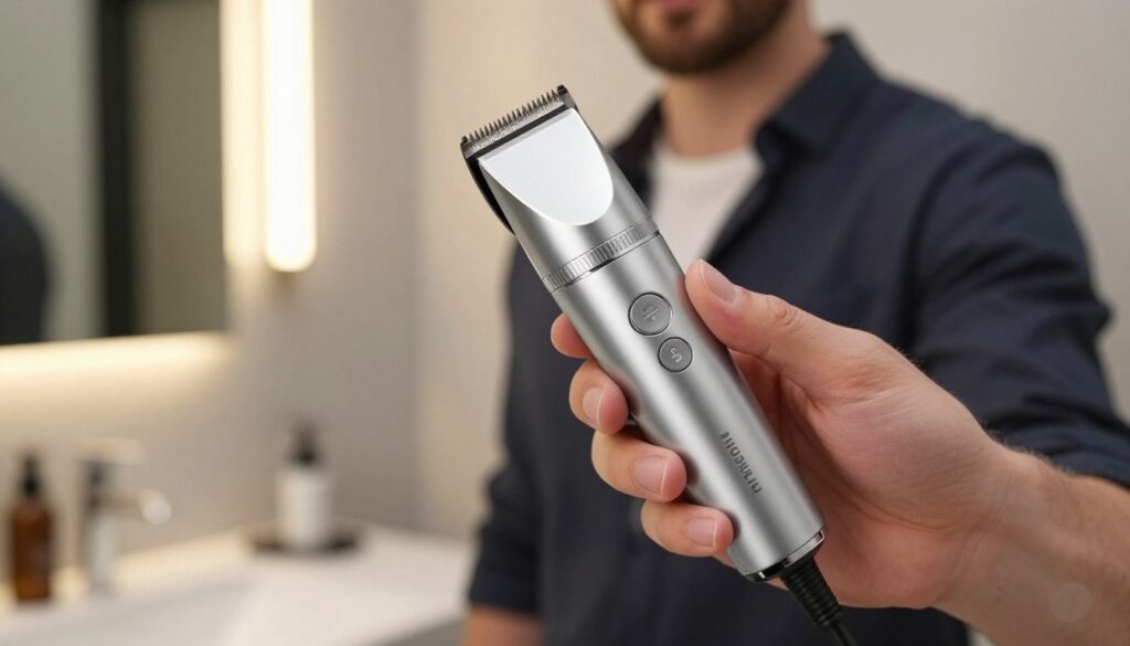 A sleek hair trimmer designed for hair, beard, and body styling prominently displayed in the foreground. The trimmer is silver with an ergonomic design featuring adjustable length settings. In the middle ground, a well-groomed individual in smart casual attire is demonstrating its use, holding the trimmer confidently. The background features a modern bathroom setting with stylish mirrors, soft ambient lighting creating a warm, inviting atmosphere. The scene highlights the versatility of the trimmer, showcasing close-up details of its blades and buttons. The overall mood is professional yet approachable, emphasizing personal grooming as an essential part of self-care. A sleek hair trimmer designed for hair, beard, and body styling prominently displayed in the foreground. The trimmer is silver with an ergonomic design featuring adjustable length settings. In the middle ground, a well-groomed individual in smart casual attire is demonstrating its use, holding the trimmer confidently. The background features a modern bathroom setting with stylish mirrors, soft ambient lighting creating a warm, inviting atmosphere. The scene highlights the versatility of the trimmer, showcasing close-up details of its blades and buttons. The overall mood is professional yet approachable, emphasizing personal grooming as an essential part of self-care.