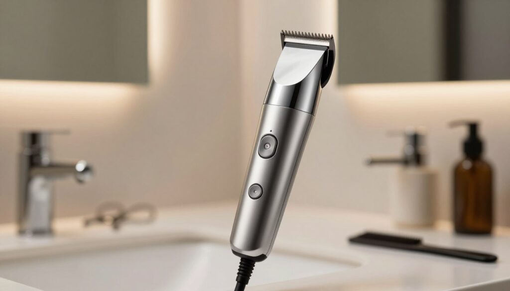 A sleek, high-end cordless hair trimmer is showcased prominently in the foreground, highlighting its ergonomic design and sharp stainless steel blades. The device is angled slightly to convey its powerful motor features, with intricate detailing showing the adjustable settings. In the middle ground, a subtle backdrop of a stylish bathroom setting with soft, ambient lighting enhances the elegance of the product, allowing the trimmer to stand out. The background includes a blurred mirror and a few grooming accessories like a comb and scissors, creating a professional grooming atmosphere. The overall mood is modern and sophisticated, emphasizing the efficiency and technology behind cordless trimmers. The camera angle is slightly elevated, focusing on the trimmer, ensuring a clean, polished finish without any distractions or text elements.