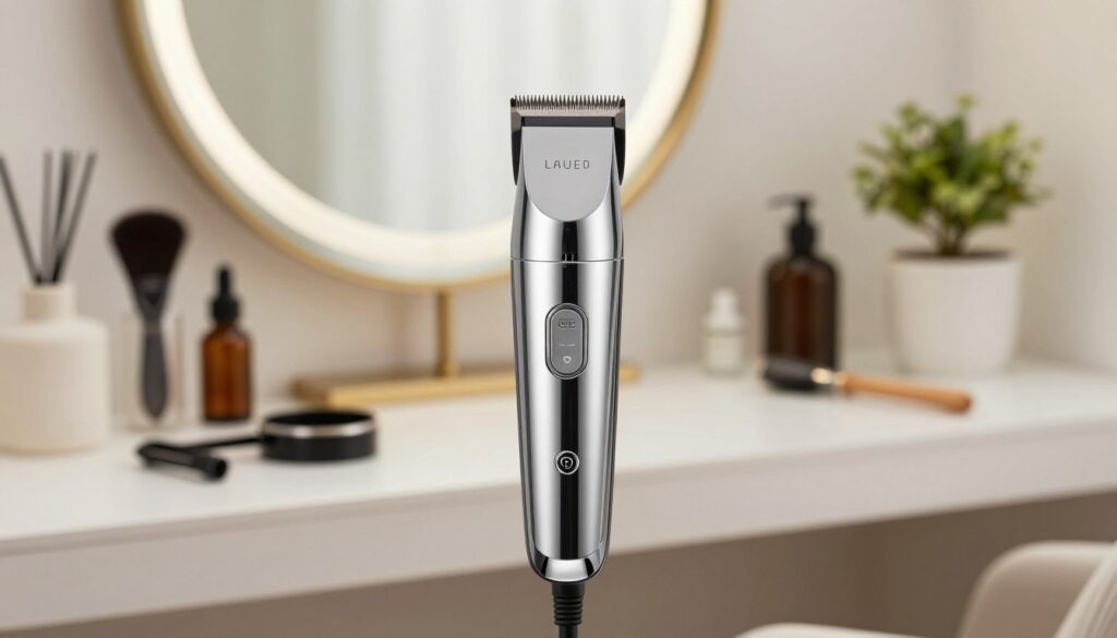 A sleek, modern hair trimmer displayed prominently in the foreground, featuring a shiny metallic body with distinct settings and attachments for beard, contouring, and hair trimming. In the middle, a softly blurred background showcases a well-organized grooming station with various grooming tools, a mirror reflecting soft natural light, and elegant plants enhancing the atmosphere. The lighting is bright but warm, creating an inviting and professional ambiance. The image should emphasize the trimmer’s adjustable settings and ergonomic design, appealing to those seeking to understand important parameters in grooming tools. The overall mood is sophisticated and practical, perfect for individuals looking to make informed grooming choices. A sleek, modern hair trimmer displayed prominently in the foreground, featuring a shiny metallic body with distinct settings and attachments for beard, contouring, and hair trimming. In the middle, a softly blurred background showcases a well-organized grooming station with various grooming tools, a mirror reflecting soft natural light, and elegant plants enhancing the atmosphere. The lighting is bright but warm, creating an inviting and professional ambiance. The image should emphasize the trimmer’s adjustable settings and ergonomic design, appealing to those seeking to understand important parameters in grooming tools. The overall mood is sophisticated and practical, perfect for individuals looking to make informed grooming choices.