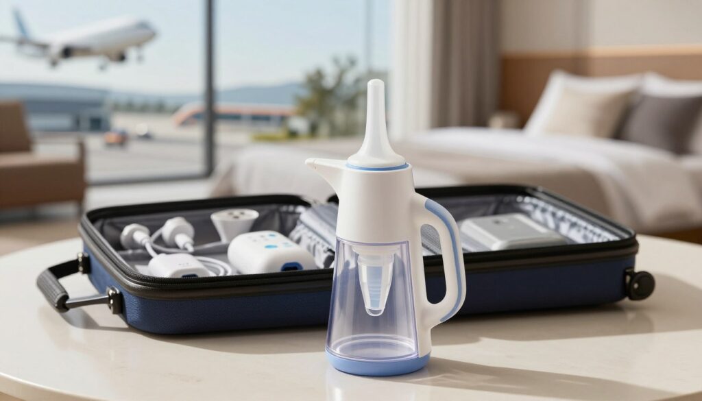 A sleek, modern nasal aspirator designed for travel, displayed prominently in the foreground, is crafted from lightweight materials with a compact shape. The device features a soft, ergonomic handle and a transparent collection chamber to showcase its functionality. In the middle ground, an open travel pouch is featured, showing additional attachments and a portable charging cable. The background highlights a scenic travel setting, perhaps an airport lounge or a cozy hotel room, with soft natural lighting casting gentle shadows. The mood is calm and inviting, suggesting convenience and comfort while on the go. Capture this scene with a shallow depth of field for focus on the device, creating a sense of ease for travel users.