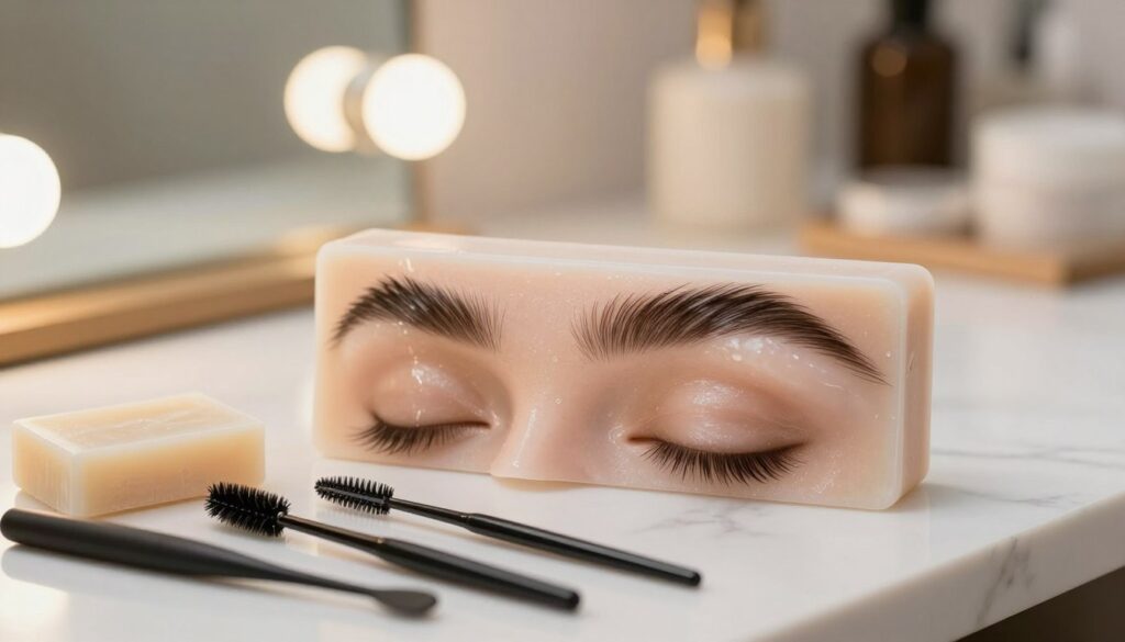 A step-by-step illustration of the soap brow styling technique. In the foreground, a close-up of neatly arranged eyebrow grooming tools such as a brow soap, spoolie brush, and an angled brush placed on a clean, white marble surface. In the middle, a pair of well-groomed, fluffy eyebrows styled with a clear soap product, demonstrating the final look, with soft, natural hair texture. In the background, a softly blurred vanity mirror reflects warm, ambient light, creating a cozy atmosphere. The scene captures a professional beauty setting with aesthetic appeal, emphasizing cleanliness and meticulousness in eyebrow styling. The overall mood is inviting and professional, perfect for readers seeking to master the soap brows technique.