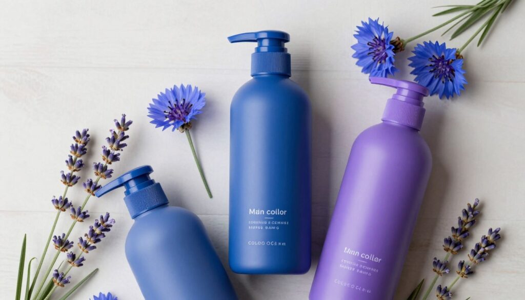 A stylish and modern flat lay composition featuring a blue and a purple hair shampoo bottle designed for color cooling. The bottles should have sleek, minimalist designs with matte finishes and vibrant colors. Surround the shampoo bottles with fresh ingredients like lavender flowers and blue cornflowers, adding a natural touch. The background should be a soft, neutral surface, like light wood or marble, to keep the focus on the shampoos. Soft, diffused lighting should illuminate the scene, casting gentle shadows and highlighting the shampoo’s texture. The mood should convey calmness and sophistication, appealing to an audience seeking effective hair color solutions. A stylish and modern flat lay composition featuring a blue and a purple hair shampoo bottle designed for color cooling. The bottles should have sleek, minimalist designs with matte finishes and vibrant colors. Surround the shampoo bottles with fresh ingredients like lavender flowers and blue cornflowers, adding a natural touch. The background should be a soft, neutral surface, like light wood or marble, to keep the focus on the shampoos. Soft, diffused lighting should illuminate the scene, casting gentle shadows and highlighting the shampoo’s texture. The mood should convey calmness and sophistication, appealing to an audience seeking effective hair color solutions.
