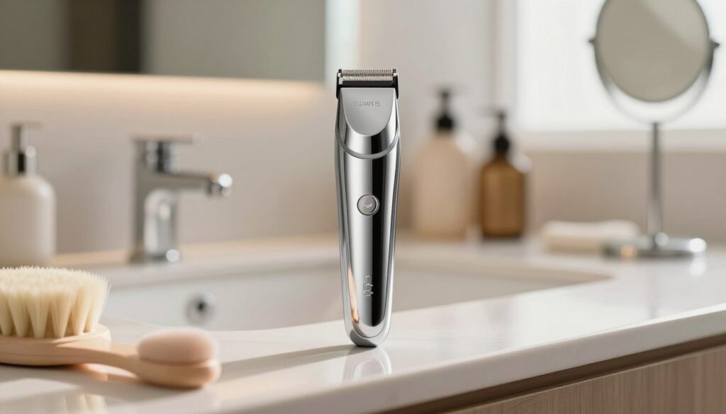 A stylish bikini trimmer displayed elegantly on a sleek, modern bathroom countertop. The trimmer features a sleek design with a polished metallic finish, showcasing its sharp, precise trimming head. In the foreground, there are subtle hints of soft, pastel-colored grooming accessories like a soft brush and a small mirror, giving a sense of sophistication. The background is softly blurred, revealing a clean, well-organized vanity area with natural light streaming in through a nearby window, creating warm and inviting lighting. The overall atmosphere should feel fresh and professional, emphasizing the importance of personal grooming while ensuring the scene remains respectful and tasteful.