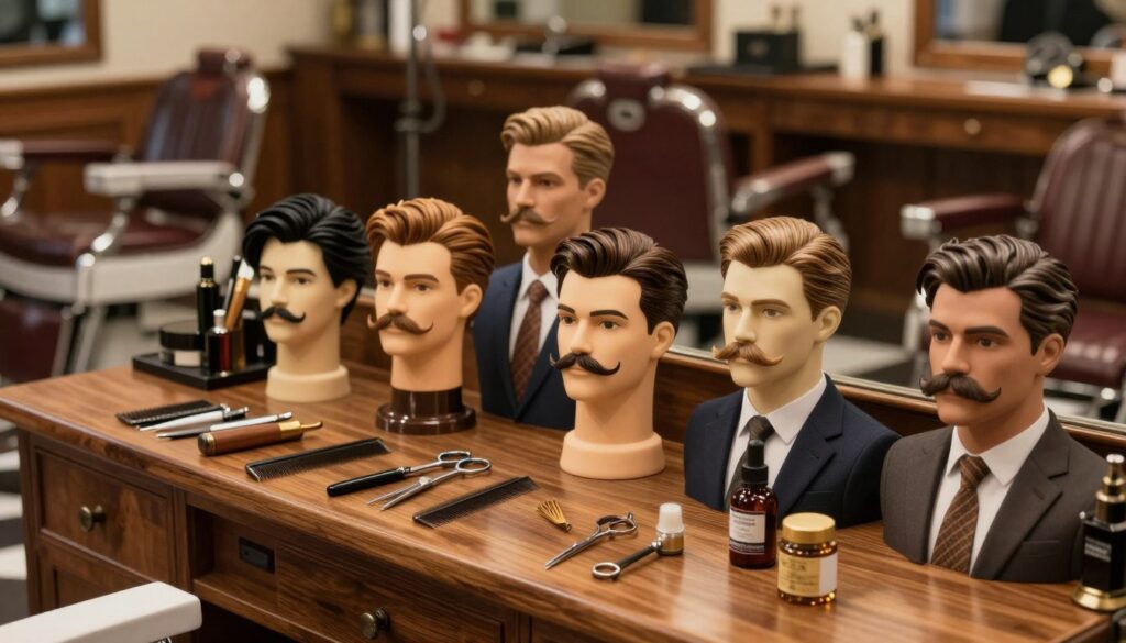 A stylish collection of thin mustaches displayed in a well-lit barbershop setting, showcasing various popular styles such as the pencil, chevron, and handlebar mustaches. In the foreground, focus on a wooden barbershop counter with grooming tools elegantly arranged—scissors, combs, and small jars of beard oil. In the middle, display an array of male mannequins or models with professional business attire, each sporting a different thin mustache style, presenting an elegant and refined image. The background features vintage barber chairs and warm ambient lighting, creating a cozy yet sophisticated atmosphere. The photograph is taken from a slightly elevated angle to capture the mustaches clearly while highlighting the barbershop's decor.