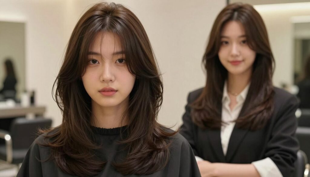A stylish haircut featuring marquise layers, displayed prominently in the foreground. The hair is voluminous, with soft waves cascading down and framing the face. In the middle ground, a model with professional business attire is showcasing this haircut, her expression confident and approachable. The background is a softly blurred salon setting, filled with warm, inviting lighting that highlights the shiny texture of the hair. Shot with a portrait lens to emphasize the layers and movement of the hair, the image evokes a modern, chic atmosphere, illustrating the elegance and fashion of the marquise cut. The scene should be free of any text, captions, or watermarks.