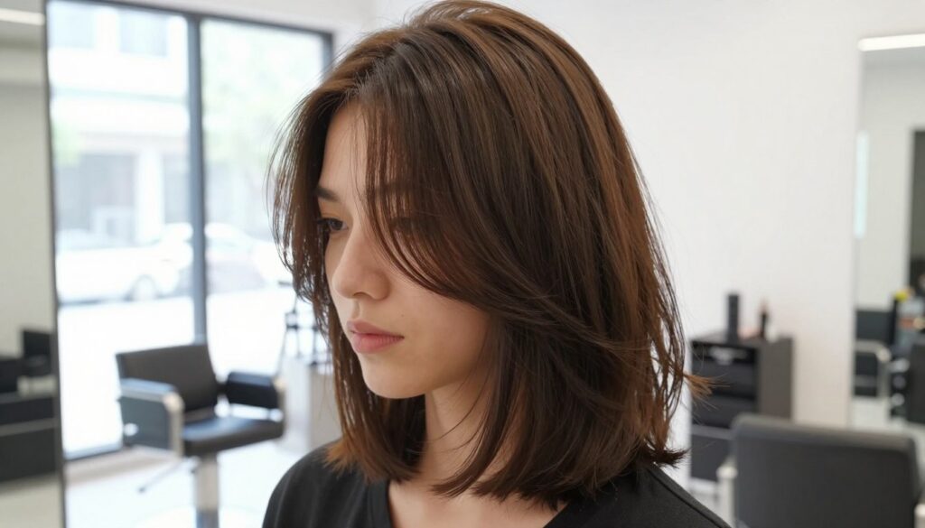 A stylish medium-length clavi cut hairstyle, showcasing its distinct blunt ends and soft layers. The model, a young woman with lustrous brunette hair, is standing in a bright, airy salon with large windows that allow natural light to flood the space. Her hair is slightly wavy, radiating a modern, chic vibe. The foreground features a close-up of her hair, highlighting the textured layers and healthy shine. In the background, blurred salon equipment and minimalist décor create an inviting, trendy atmosphere. The overall mood is fresh and fashionable, ideal for an article about modern hairstyles. The composition is captured with a soft focus lens, enhancing the hair's elegance and beauty.