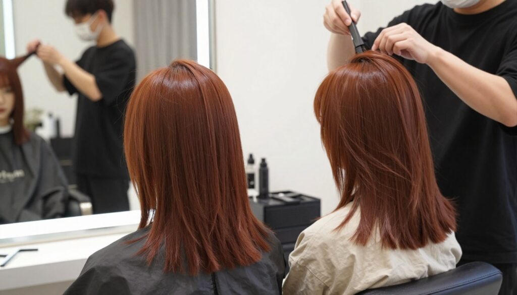 A stylish salon interior with a focus on a professionally styled haircut. In the foreground, a model with shoulder-length hair displays a trendy cut complemented by a rich, warm chestnut color. The model is wearing smart casual attire, radiating confidence and style. The middle ground showcases a large mirror reflecting the model, with a hairstylist in the background adjusting the light and tools, creating a bustling yet elegant salon atmosphere. Soft, natural lighting illuminates the scene, enhancing the vibrant hair color. The overall mood is chic and inviting, perfect for showcasing hair trends. The angle captures both the haircut and hair color harmoniously, emphasizing the connection between style and color.