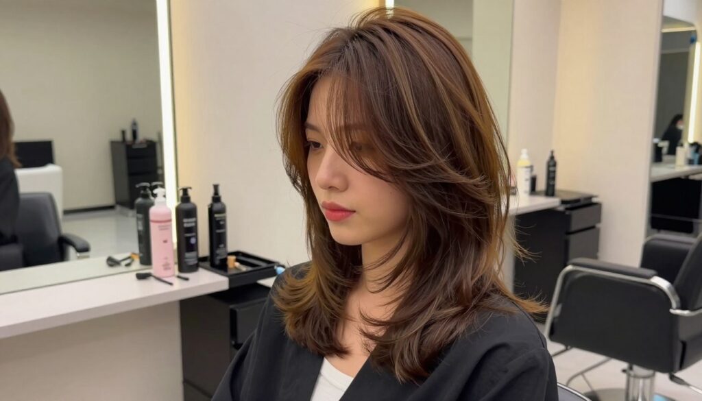 A stylish woman with a marquise layered haircut in a chic salon setting. In the foreground, the model, dressed in elegant yet casual attire, showcases the layers of her haircut, with soft curls framing her face. Her hair has a rich, multi-tonal texture reflecting light beautifully, emphasizing the movement of the layers. In the middle ground, a modern salon with sleek, minimalist decor highlights stylish hair products and tools, providing context to the hairstyle's trendy nature. The background features a softly lit ambiance, with warm light casting gentle shadows, creating a welcoming atmosphere. The overall mood is fashionable and contemporary, capturing the essence of a trendy marquise haircut return, showcasing its appeal and sophistication.