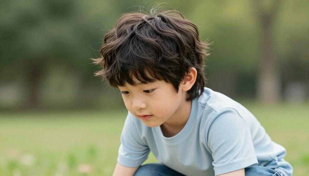 A stylish young boy, around 10 years old, sporting a trendy hairstyle featuring bangs and longer hair cut at the sides. He has soft, wavy hair that falls playfully over his forehead, with the back and sides slightly layered for a modern look. The boy is wearing a casual yet fashionable outfit, like a fitted t-shirt and jeans. The scene is bright and cheerful, with soft, natural lighting highlighting the textures of his hair. The background shows a serene park setting with greenery, adding a playful mood to the image. The perspective is slightly angled to capture the boy's hair from a flattering view, emphasizing the trendy hairstyle without any distractions.