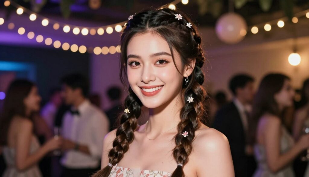 A stylish young woman with two intricate French braids, elegantly styled for a festive occasion. She is facing the camera, highlighting the braids that cascade down her shoulders, adorned with delicate hair accessories like floral pins. The scene is set in a softly lit, vibrant party atmosphere with colorful string lights in the background, creating a warm and inviting glow. The foreground showcases the woman's radiant smile, emphasizing confidence and joy. Her outfit is chic and modest, suitable for a fun yet sophisticated gathering. The camera angle is slightly from below, giving a dynamic view of the hairstyle and the lively environment, capturing the essence of a joyful celebration. The overall mood is festive and elegant, inviting viewers to embrace a similar look for special occasions.