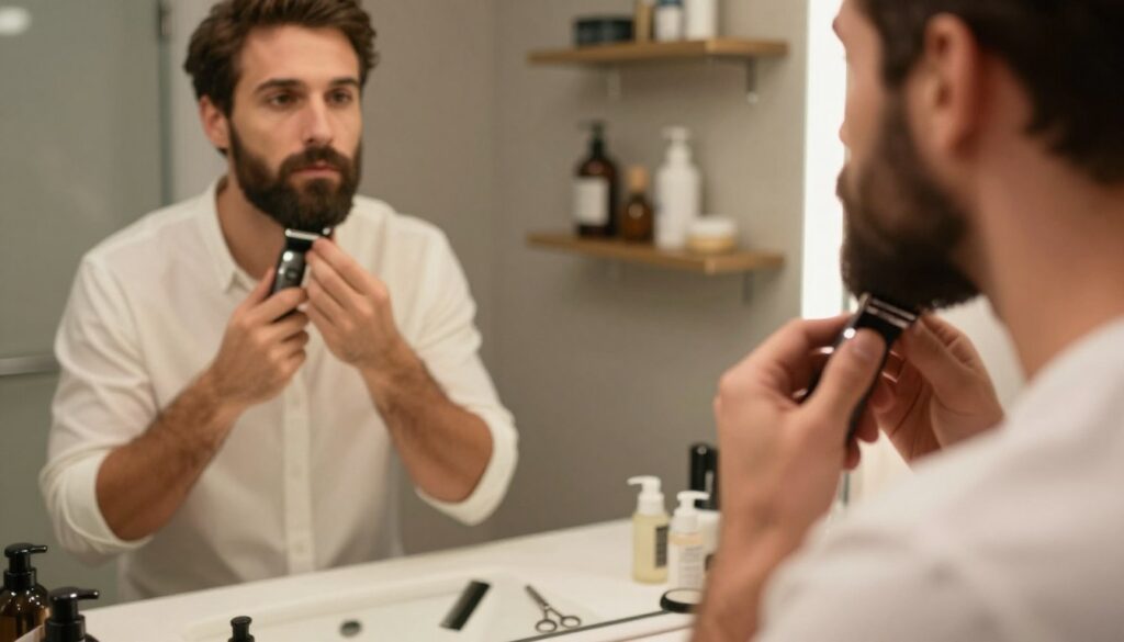 A well-groomed male figure stands in a softly lit bathroom, preparing his beard for trimming. He is wearing a smart, casual shirt and looking into a mirror, with tools like a comb, scissors, and electric trimmer spread out on a clean countertop. The foreground features the reflection of his focused expression, highlighting the details of his beard and the tools. In the middle, a close-up of his hands gently combing through the beard, showcasing the texture and the methodical preparation process. The background includes shelves with grooming products, and warm ambient lighting enhances a cozy, intimate atmosphere, suggesting a meticulous grooming ritual.