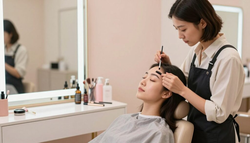A well-lit beauty salon featuring a professional stylist grooming eyebrows and lashes. In the foreground, the stylist, wearing a neatly pressed blouse and apron, is focused on using a brow brush to carefully shape and groom the eyebrows of a client seated in a stylish chair. The client has a relaxed expression, with their eyes closed, enjoying the pampering. In the middle, various beauty tools and products are artfully arranged on a sleek vanity, with soft natural light illuminating the scene through a large window. The background shows a subtle and elegant salon environment, enhanced by pastel-colored walls and minimalist decor, evoking a serene and inviting atmosphere. The overall mood is calm and professional, suitable for a beauty-focused article. A well-lit beauty salon featuring a professional stylist grooming eyebrows and lashes. In the foreground, the stylist, wearing a neatly pressed blouse and apron, is focused on using a brow brush to carefully shape and groom the eyebrows of a client seated in a stylish chair. The client has a relaxed expression, with their eyes closed, enjoying the pampering. In the middle, various beauty tools and products are artfully arranged on a sleek vanity, with soft natural light illuminating the scene through a large window. The background shows a subtle and elegant salon environment, enhanced by pastel-colored walls and minimalist decor, evoking a serene and inviting atmosphere. The overall mood is calm and professional, suitable for a beauty-focused article.