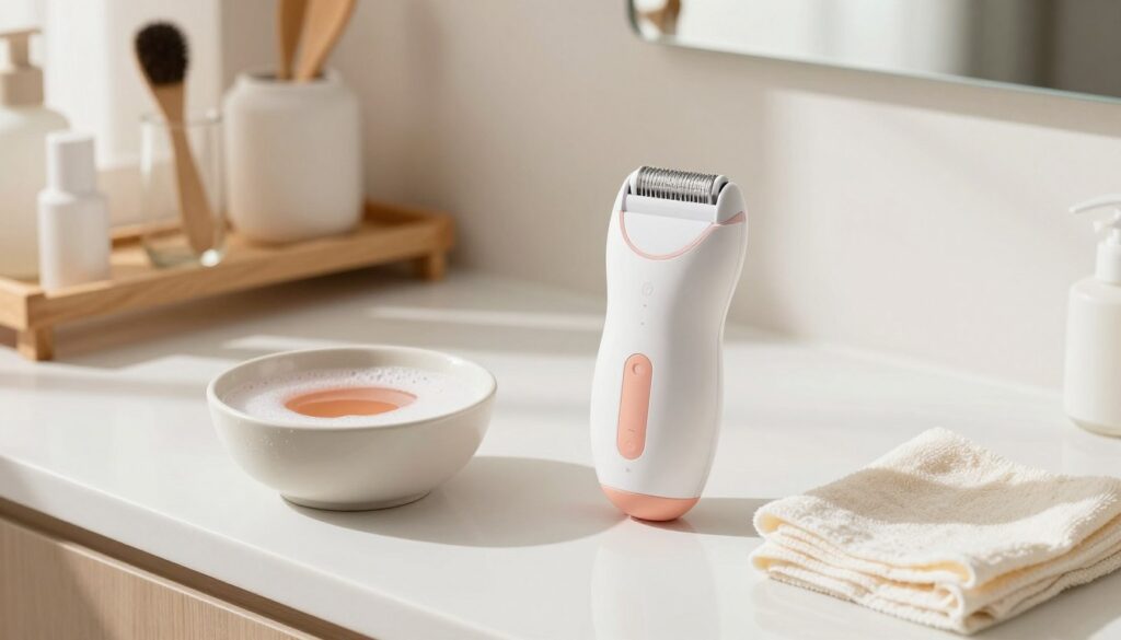 A well-lit, clean bathroom setting featuring a stylish women's bikini trimmer displayed on a pristine countertop. The trimmer is elegantly positioned next to a small bowl of warm soapy water and a soft cloth, showcasing the cleaning process. In the background, a wooden shelf is adorned with neatly organized grooming tools, emphasizing cleanliness and order. Soft, natural lighting streams in from a nearby window, casting gentle shadows that enhance the peaceful atmosphere. The angle is slightly above eye level, capturing both the trimmer and the serene bathroom decor. The mood is calm and inviting, perfect for illustrating the importance of maintaining and storing a women's bikini trimmer, ensuring its longevity and performance.