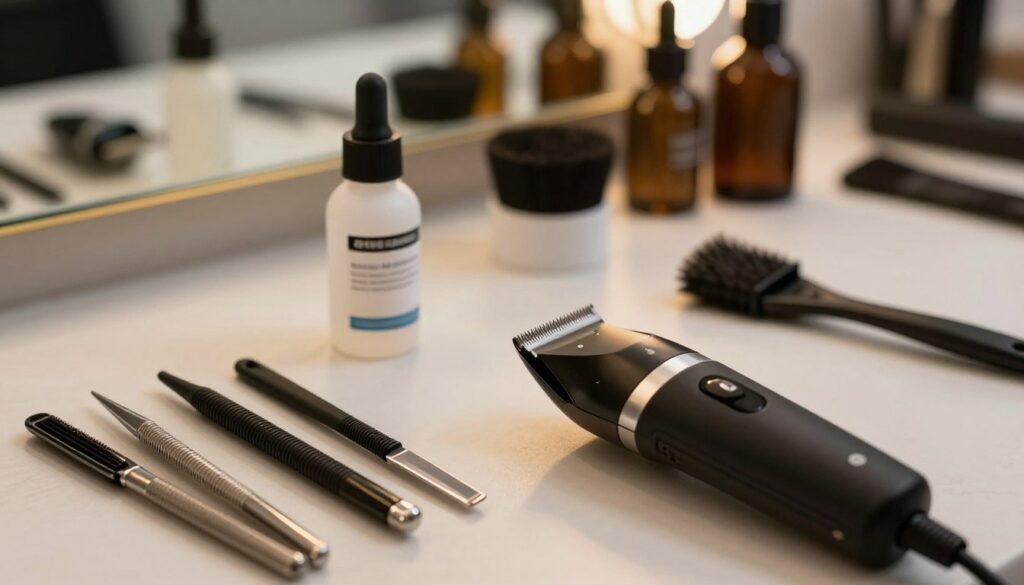 A well-organized workspace featuring a hair and beard trimmer next to a set of precision grooming tools. In the foreground, focus on the trimmer with visible sharp, clean blades, reflecting light to emphasize their maintenance. In the middle, include a small bottle of blade lubricant and a soft cleaning brush for detailed grooming care. The background should be softly blurred, showcasing a stylish grooming station with a mirror and ambient warm lighting, creating a welcoming atmosphere. Capture the scene from a slightly elevated angle to provide depth while maintaining clarity on the tools, conveying an air of professionalism and cleanliness, ideal for a grooming enthusiast. A well-organized workspace featuring a hair and beard trimmer next to a set of precision grooming tools. In the foreground, focus on the trimmer with visible sharp, clean blades, reflecting light to emphasize their maintenance. In the middle, include a small bottle of blade lubricant and a soft cleaning brush for detailed grooming care. The background should be softly blurred, showcasing a stylish grooming station with a mirror and ambient warm lighting, creating a welcoming atmosphere. Capture the scene from a slightly elevated angle to provide depth while maintaining clarity on the tools, conveying an air of professionalism and cleanliness, ideal for a grooming enthusiast.