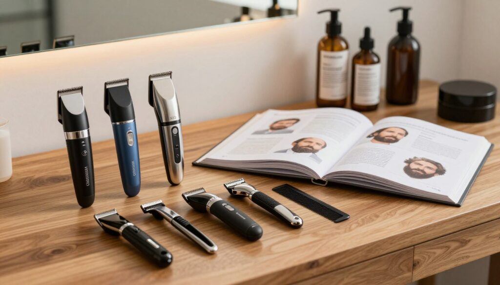 A well-organized workspace showcasing various trimmers and grooming tools for facial hair on a polished wooden table. In the foreground, an assortment of well-designed trimmers with different blade styles, used for precision trimming and detailing. In the middle, an open grooming guidebook, showing diagrams and tips on beard and mustache care, with a stylish razor and comb nearby. The background features a softly lit bathroom with mirrors and personal care items neatly arranged, creating a warm, inviting atmosphere. Use natural lighting to highlight the details of the tools and create a sense of professionalism. The image mood should evoke sophistication and attentiveness to personal grooming. A well-organized workspace showcasing various trimmers and grooming tools for facial hair on a polished wooden table. In the foreground, an assortment of well-designed trimmers with different blade styles, used for precision trimming and detailing. In the middle, an open grooming guidebook, showing diagrams and tips on beard and mustache care, with a stylish razor and comb nearby. The background features a softly lit bathroom with mirrors and personal care items neatly arranged, creating a warm, inviting atmosphere. Use natural lighting to highlight the details of the tools and create a sense of professionalism. The image mood should evoke sophistication and attentiveness to personal grooming.